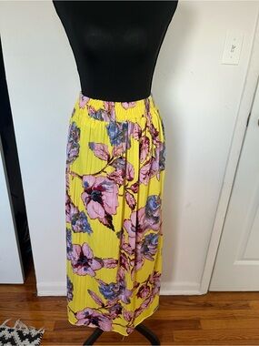Anna Morgan Collection Yellow Floral Pleated Maxi Skirt L
